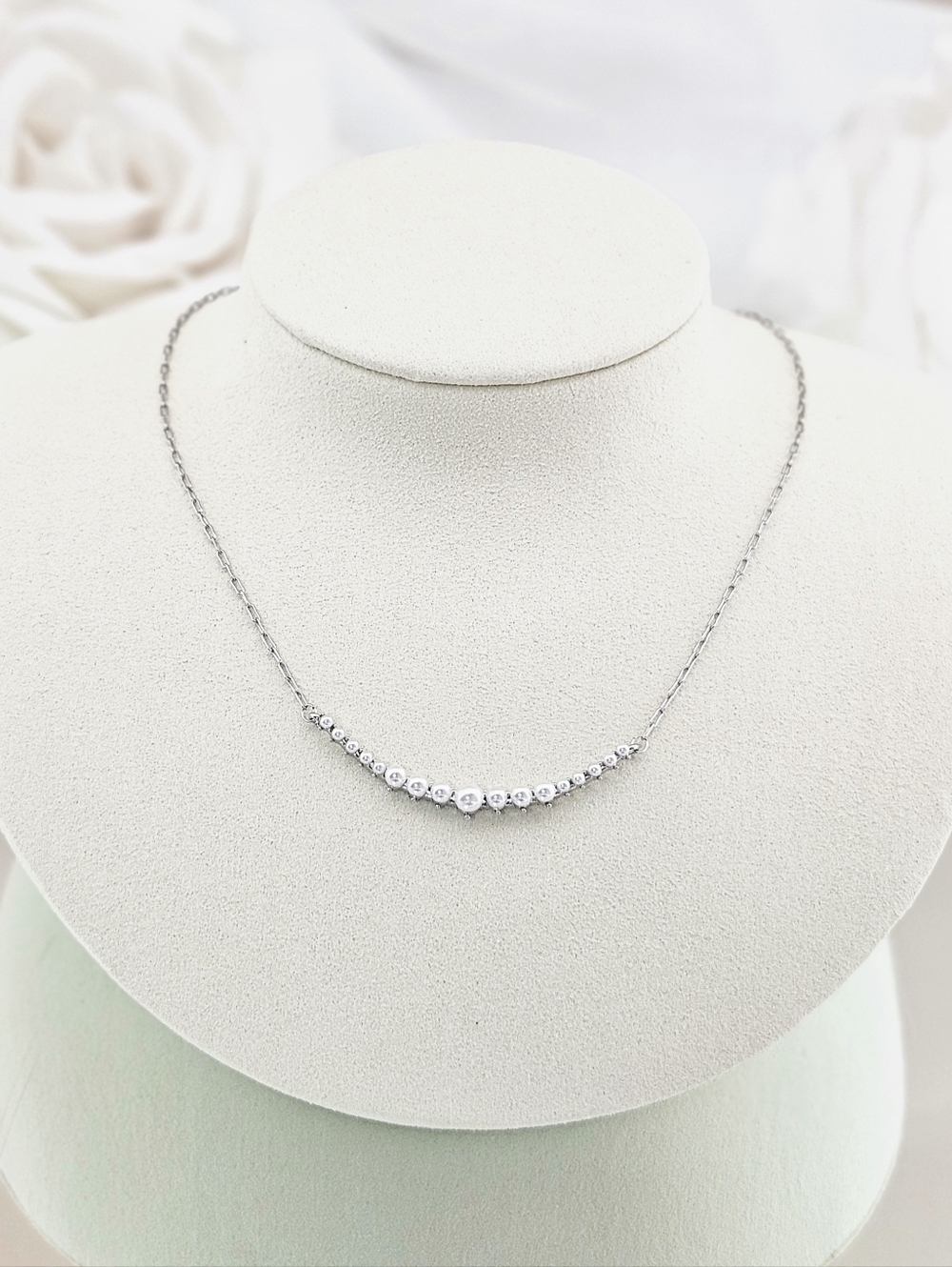 Adornia Necklace Sterling Silver Curved Bar Faux Pearls Boho Minimalist Modern